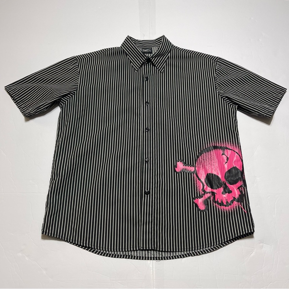 Rock Steady Stripe Shirt Men’s Size Large Pink Skull Grunge Goth Skater Y2K